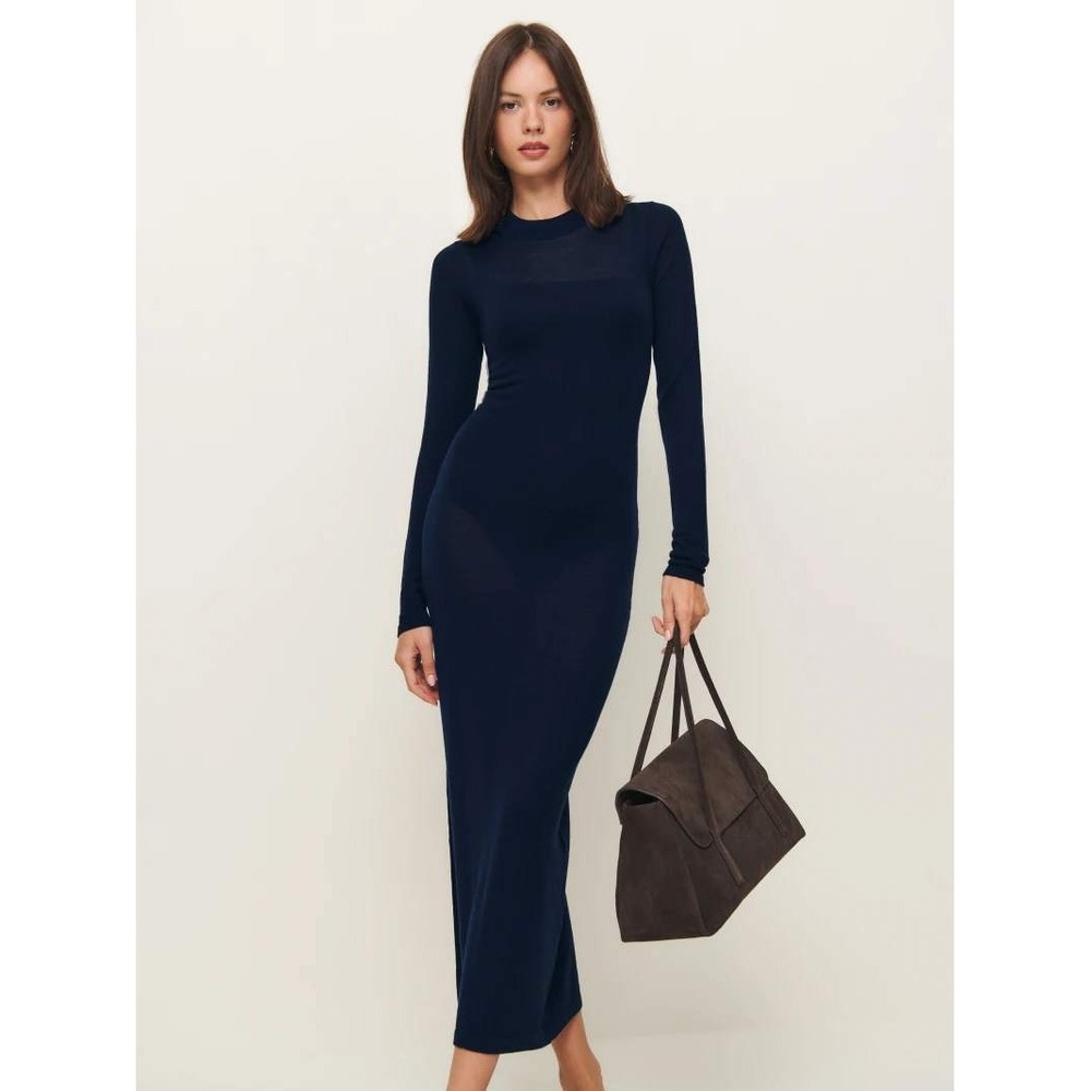 REFORMATION Eva Regenerative Merino Sheer Sweater Dress Small Navy Long Sleeve